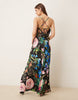 Hope & Ivy satin cowl neck open tie back thigh slit maxi dress in black floral print