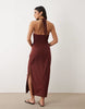 halter neck midi sundress with chiffon sculpted bust detail in chocolate