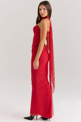 holly red strapless corset top with detachable neck scarf