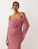 mesh off the shoulder draped neck long sleeve maxi dress in pink