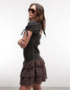 Daisy Street drop waist floral mini dress with broderie rara hem in brown and black