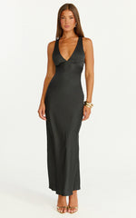 Khalani Maxi Dress - Deep V Neck Satin Slip Dress in Black