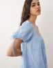 square neck bubble mini dress with embroidery detail in baby blue