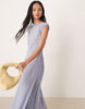dropped waist midi dress with ruched cap sleeves in blue stripe
