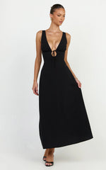 Silvena Midi Dress - Plunge Neckline Tie Front A Line Dress in Black