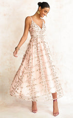 Amalie The Label - Lou V Neck Embroidered Tulle Midi Dress - In Blush
