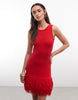 slub fringed mini dress in red