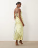 mesh spliced polka dot plunge maxi dress with backless frill detail in lemon