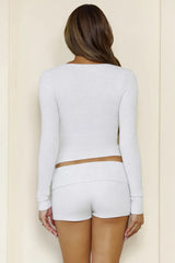 BASE Luxe Rib V Neck Button Long Sleeve Top Grey Marle
