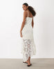 compact knit contrast crochet midi dress in white
