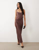 deep scoop neck midaxi dress with asymmetric draped skirt overlay in chocolate