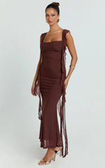 Rosha Midi Dress - Ruffle Strap Dress in Chocolate