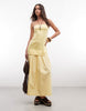 cotton sateen strapless maxi length sundress with dropped waist poplin skirt in butter yellow