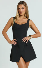 Rachel Mini Dress - Square Scoop Neck Buckle Pocket Leg Split Knee Length Dress in Black