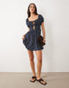 Esmee tie front puff sleeve mini beach dress in navy polka dot