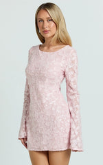 Terri Mini Dress - Long Sleeve Cowl Back Neck Dress in Pale Pink