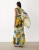 draped batwing asymmetric one sleeve maxi dress in blue floral print
