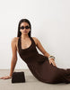 crinkle halterneck midi dress in chocolate