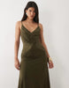 plissé contrast v-neck maxi dress with open back in dark olive