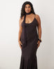 Curve bias plunge cami dress with full godets and scarf detail in chocolate