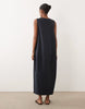 ruched plunge barrel midi dress in navy