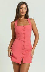 Ricki Mini Dress - Linen Halter Neck Shift Dress in Red
