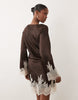 TFNC satin slash neck long sleeve lace detail mini dress in chocolate