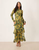 long sleeve ruffle chiffon maxi dress in green floral
