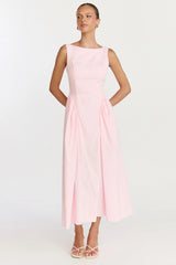 Casina Midi Dress - Boat Neck Tie Back Fit And Flare Dress in Pale Pink