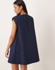 slash neck mini dress with pintucks in navy