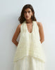 ARRANGE scoop neck organza halter trapeze maxi dress with linear embroidery in soft yellow