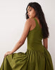 basque waist midi dress with woven skirt in olive