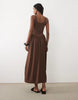 gathered crepe midi dress in chocolate