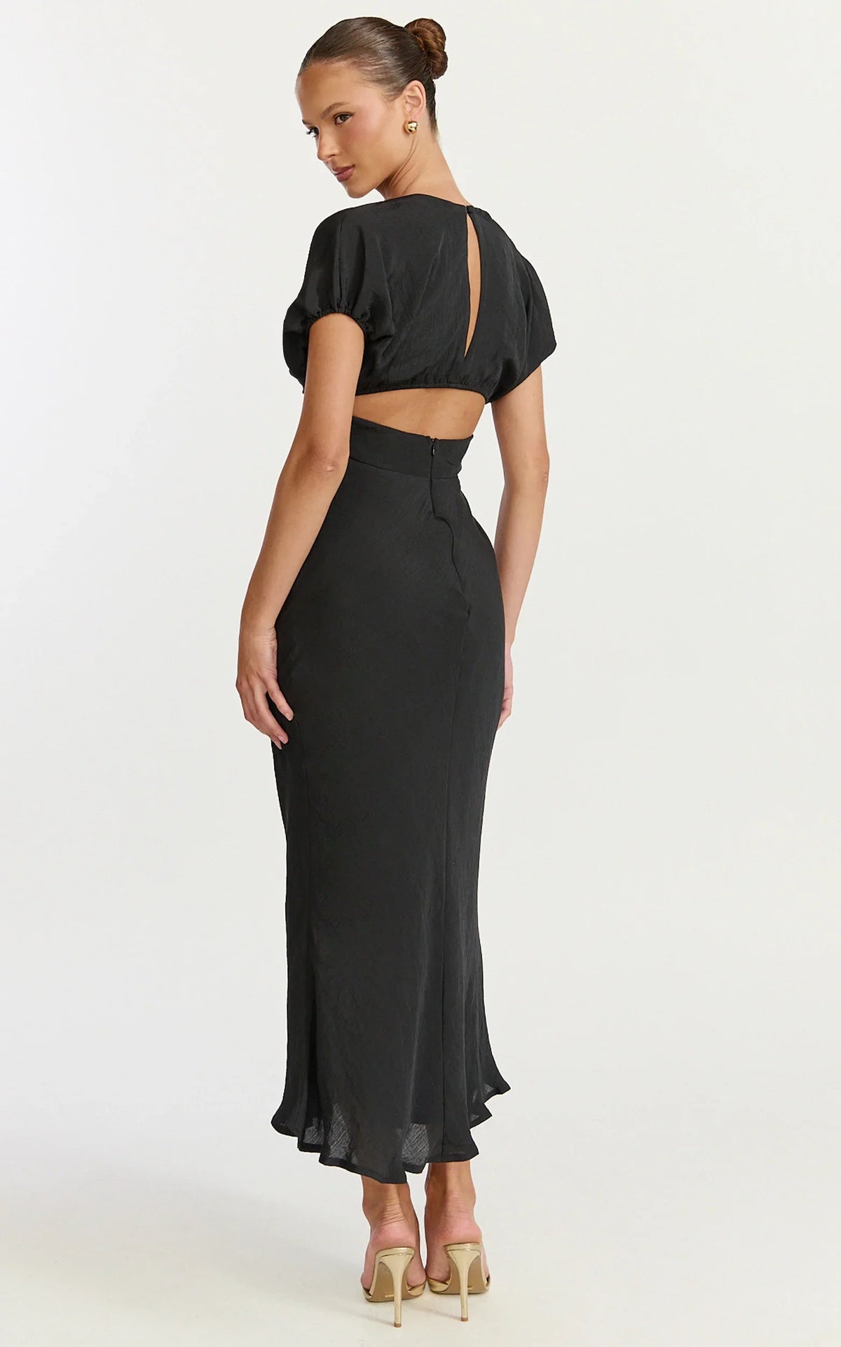 Desiree Midi Dress - V Neck Flutter Short Sleeve Slip Dress in Black