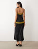 bias cut double layer lace appliqué satin maxi dress in black