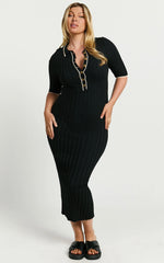 Lada Midi Dress - Short Sleeve Button Front Knit Dress in Black