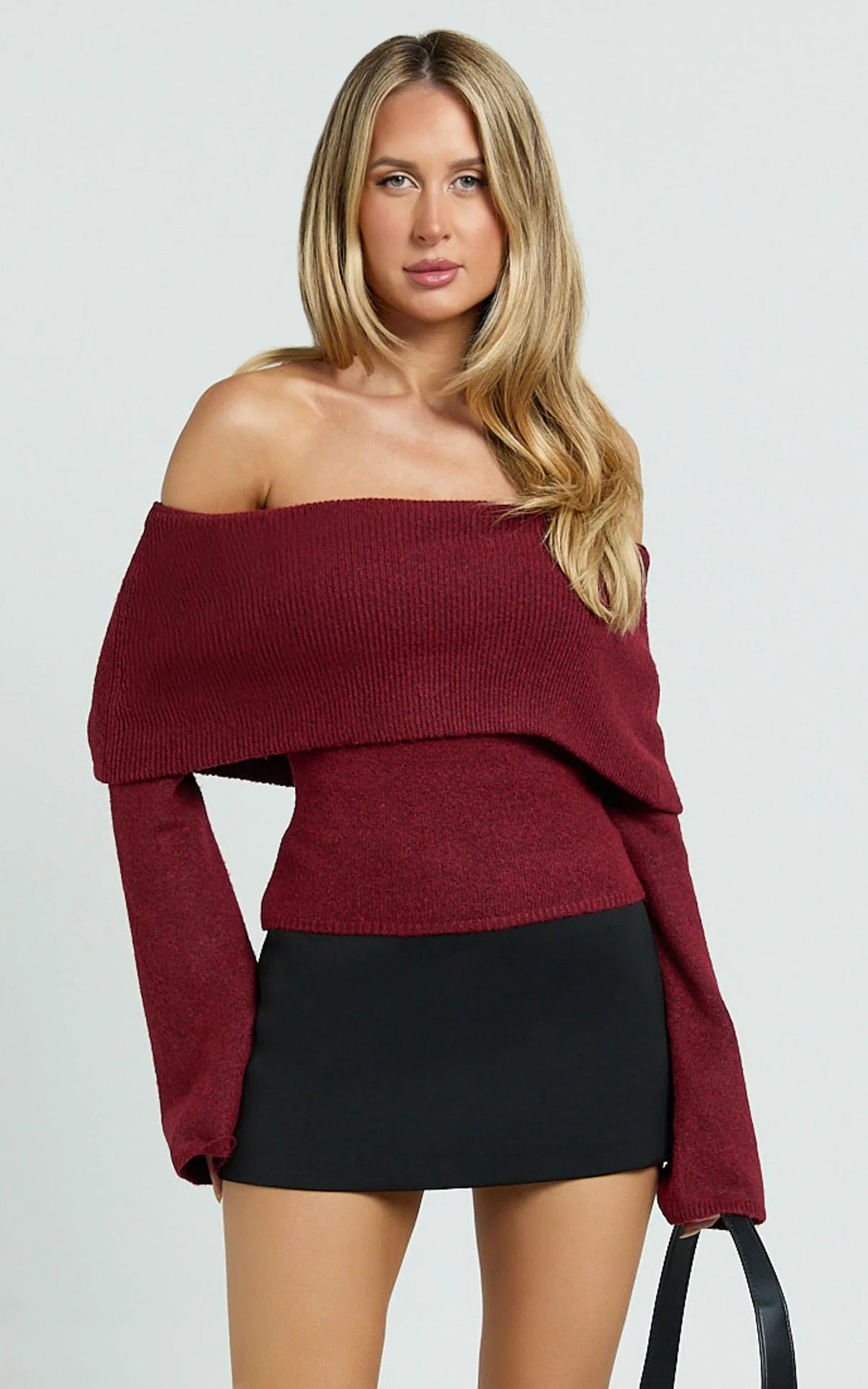 Darcie Top - Off Shoulder Long Sleeve Knitted Top in Wine
