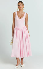 Beckett Midi Dress - Scoop Neck Drop V Waist Gathered Skirt Dress in Pink