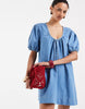 puff sleeve mini dress in washed blue