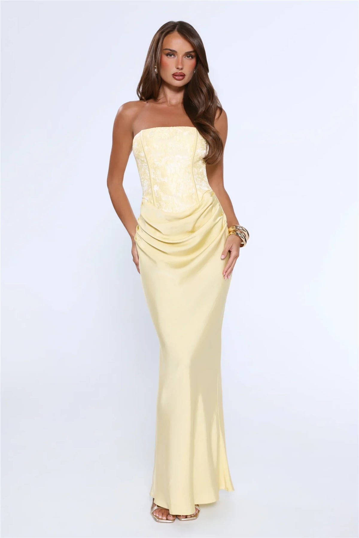 Dressed To Dazzle Strapless Satin Maxi Dress Yellow