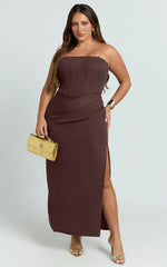 Avery Midi Dress - Strapless Draped Side Split Dress in Chocolate
