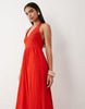 crochet halter neck tiered midi dress in red
