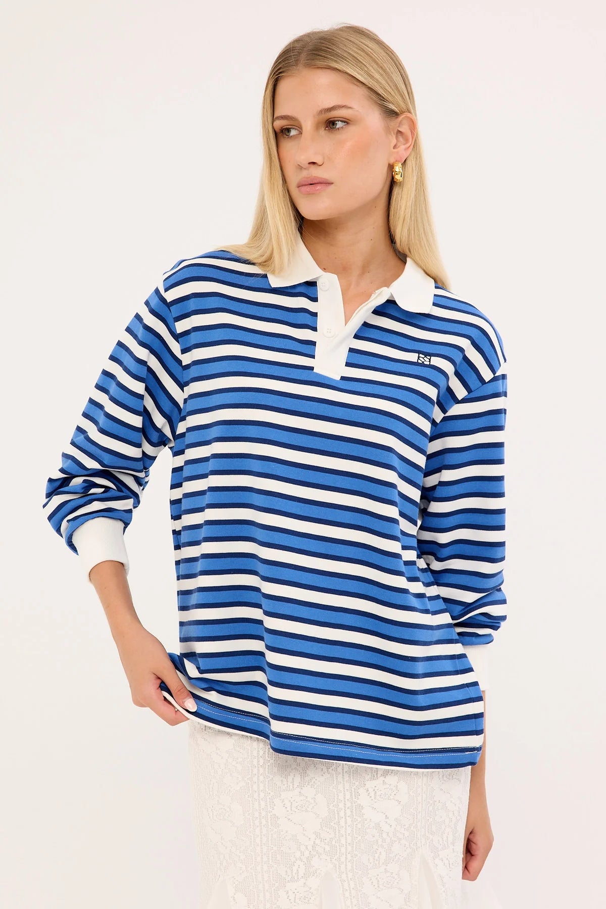 Perfect Stranger Leon Stripe Rugby Fleece Top Blue Stripe