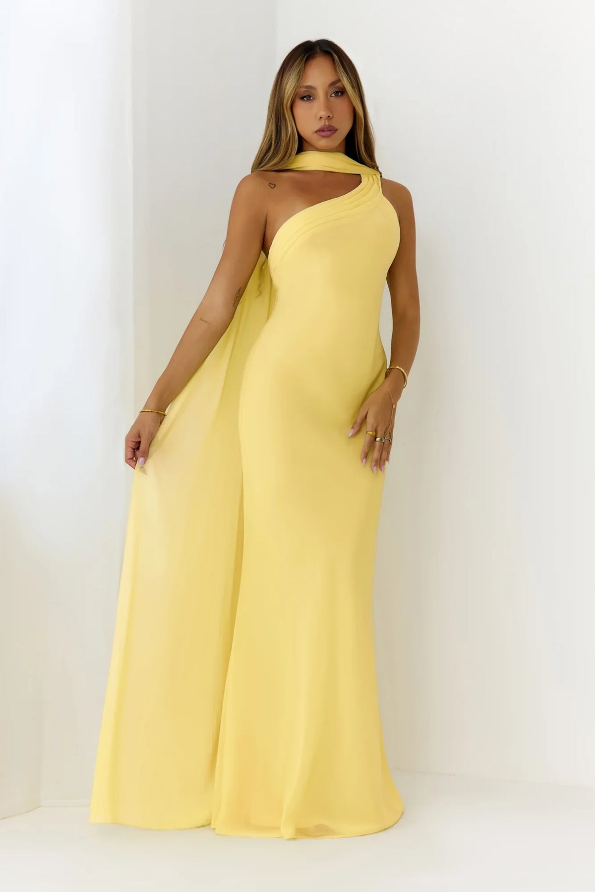 Sultry Drape One Shoulder Maxi Dress Yellow
