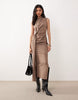 high neck sleeveless ruched knot front midi dress in mocha