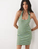 ribbed halter scoop neck mini dress in green and blue stripes