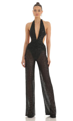Sequin Plunge Halter Jumpsuit in Black