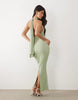 mesh twisted bust detail halter maxi dress with tie back neck in sage green
