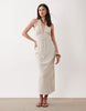 halter neck linen look slip maxi sundress with striped bust in neutral