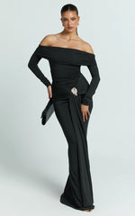 Trish Maxi Dress - Off Shoulder Hardware Trim Bodycon Dress in Black